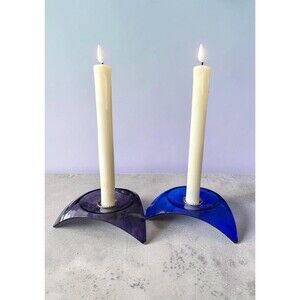 Vintage Kheops International Glass Candlestick Holders Pair Cobalt Blue Purple
